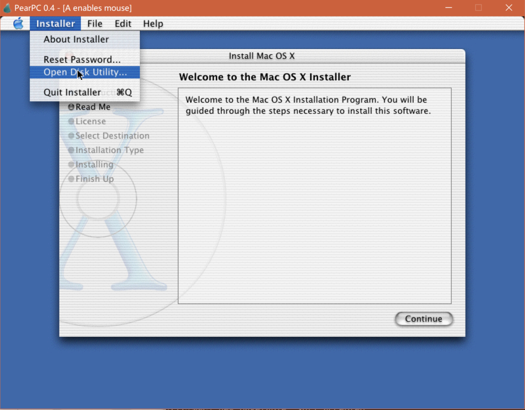 pearpc mac os x 10.1 restart